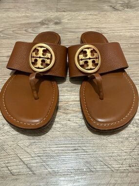 Tory Burch Tan Leather Logo Thong Sandals